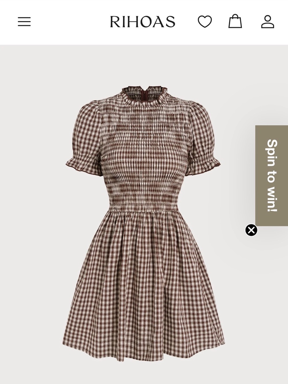 RIHOAS Brown Gingham Smocked Mini Dress with Puff Sleeves - Picture 3 of 7